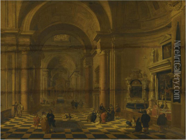 A Church Interior With Figures Praying By A Chapel In Theforeground Oil Painting - Gerrit Houckgeest