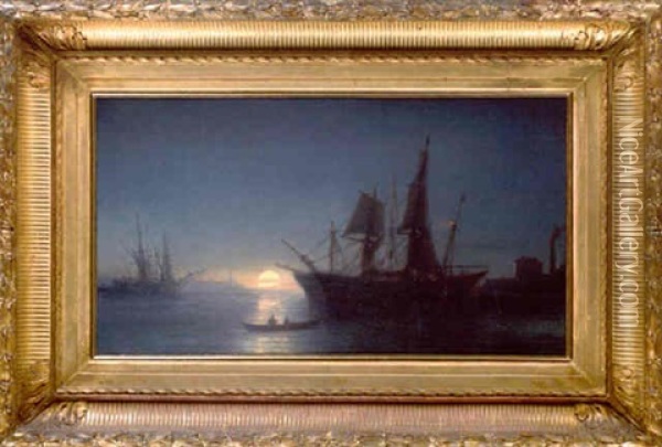 Segelschiffe Bei Mondschein Oil Painting - Jean Baptiste Henri Durand-Brager