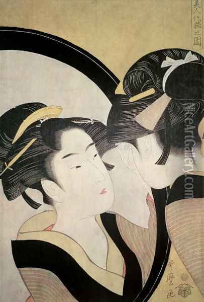 Girl with a mirror, pub. c.1790 Oil Painting - Kitagawa Utamaro