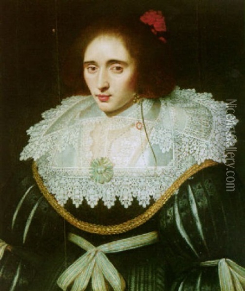 Portrait Of A Lady (elizabeth Queen Of Bohemia?) Wearing A Black Dress With A Large Lace Collar Oil Painting - Michiel Janszoon van Mierevelt