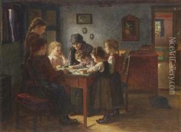 Eine Grosmutter Spielt Mit Ihren
 Enkelinnen In Der Stube. Oil Painting - Walther Firle