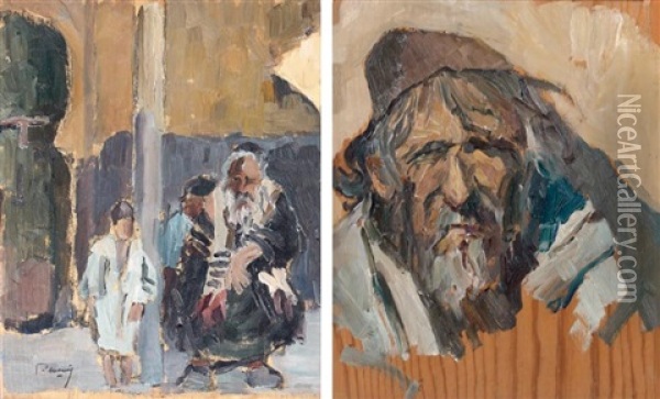 Sortie De Synagogue A Mazagan - Portrait De Caractere (2 Works) Oil Painting - Louis Morere