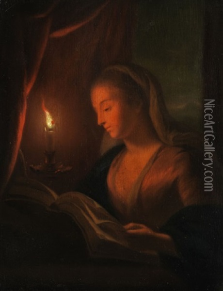 Junge Frau Bei Kerzenlicht In Einem Buch Lesend Oil Painting - Petrus van Schendel