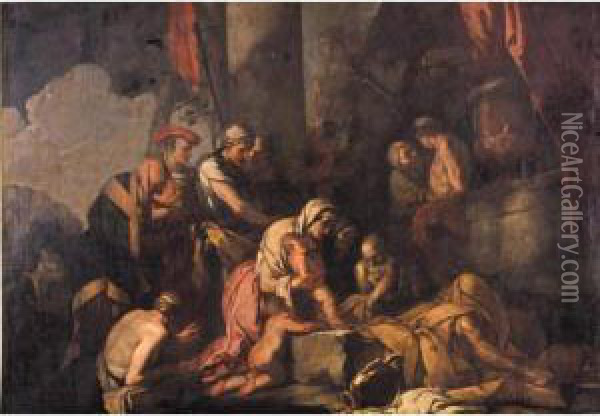 Liriope Bringing Narcissus Before Tiresias Oil Painting - Giulio Carpione