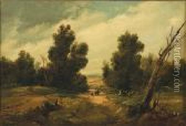 Travellers On A Wooded Path Oil Painting - Patrick, Peter Nasmyth
