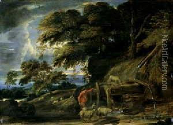 Landschaft Mit Einem Hirten, Der Sein Vieh An Einer Wasserstelle Trankt. Oil Painting - Frans Wouters