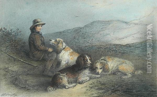 A Young Boy With His Dogs In A Mountainous Landscape Oil Painting - Edward Robert Smythe