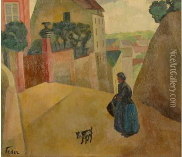 Rue De Village- Femme Et Son Chien Dans Une Ruelle, Circa 1920-29 Oil Painting - Adolphe Feder