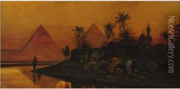 Sunset Over The Pyramids Oil Painting - Friedrich Perlberg