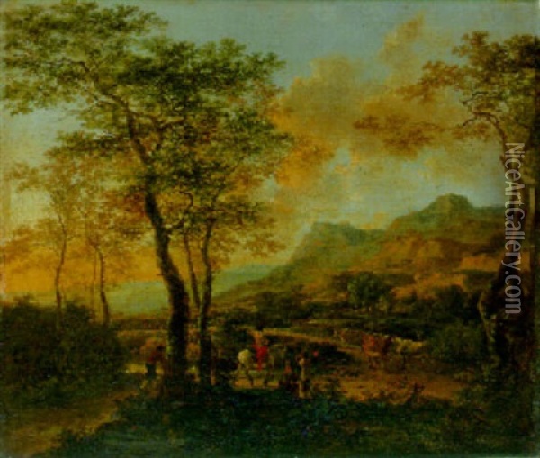 Italianate Landscape With A Traveller And Drovers On A Road, Farmhouse And Village Beyond Oil Painting - Jan Dirksz. Both
