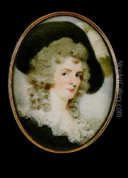 A Lady Wearing Black Hat With White Plumes In Her Powdered Hair And Black Dress With White Lace Collar Oil Painting - Edward Miles
