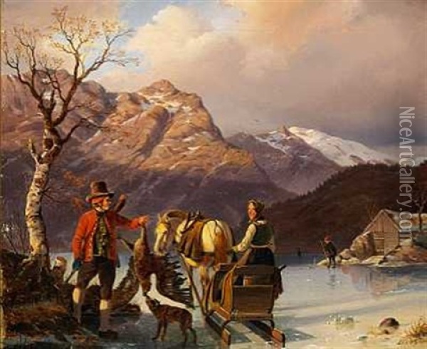 Norsk Vinterlandskab Med Personer Pa En Tilfrosset So Oil Painting - Johannes Bartholomaeus Duntze