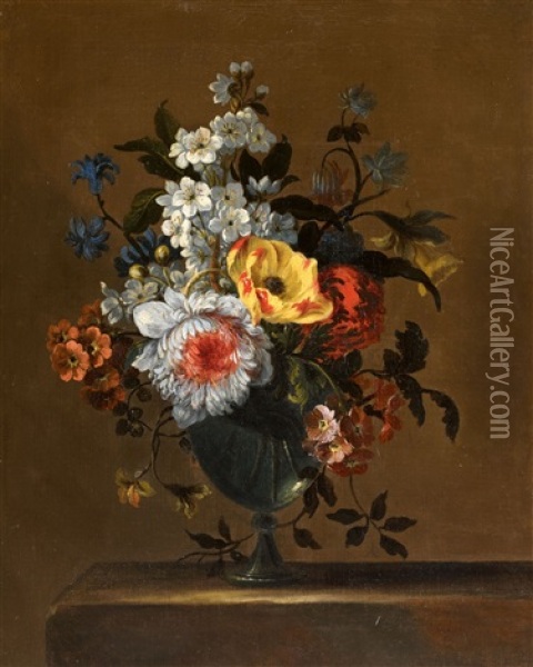 Apfelblutenzweig, Chrysanthemen Und Tulpen In Einer Glasvase Oil Painting - Nicolas Baudesson