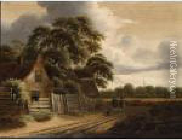 A Landscape With Figures And A Dog On A Path Near A Farm-stead Oil Painting - Roelof van Vries