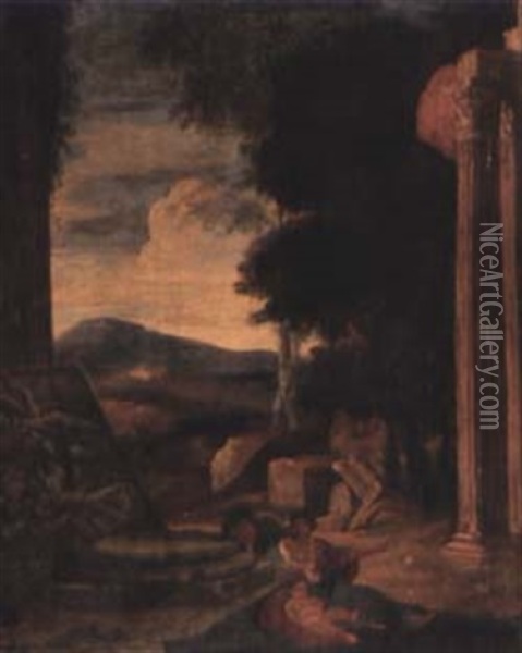 Couple Dans Un Paysage De Ruines Antiques Oil Painting - Jean (Lemaire-Poussin) Lemaire