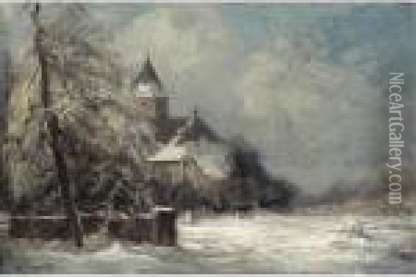 A Church In A Snow Covered Landscape Oil Painting - Louis Apol