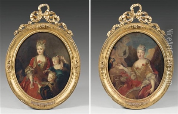 Portrait De Femme Au Perroquet Femme Avec Ses Deux Enfants (pair) Oil Painting - Nicolas de Largilliere
