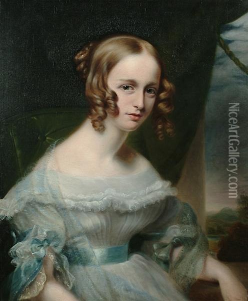 Portrait, Half Length, Of A Lady Believed To Be Miss Baldwin, Wearing A White Muslin Dress, With Pale Blue Ribbon Trim And A Pale Blue Diaphanous Wrap Oil Painting - William Foy