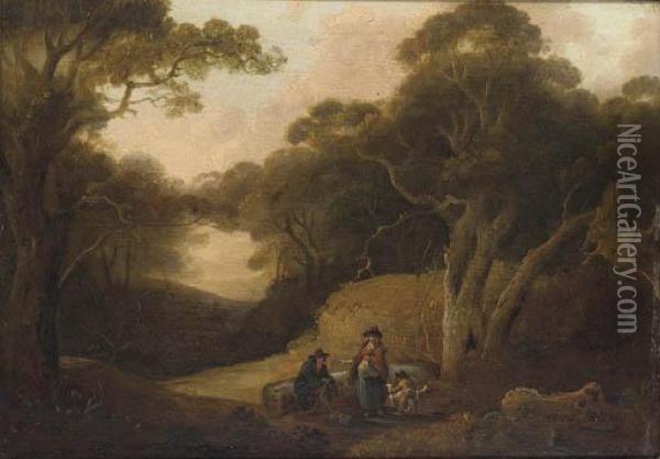 Figures Resting In A Woodland Glade Oil Painting - Julius Caesar Ibbetson