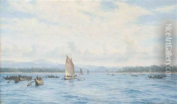 Fishing Boats With Outriggers, Ceylon Oil Painting - Vilhelm Karl Ferdinand Arnesen