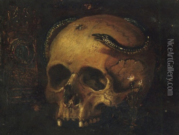 A Vanitas Still Life With A Skull, A Snake And A Clock Oil Painting - Antonio de Pereda y Saldago