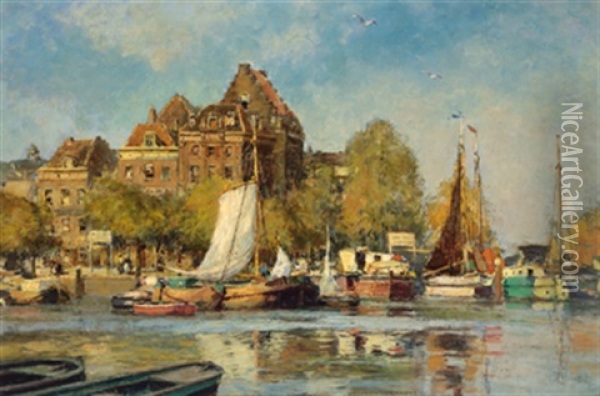 Ein Blick Auf Dordrecht Oil Painting - Heinrich Hermanns