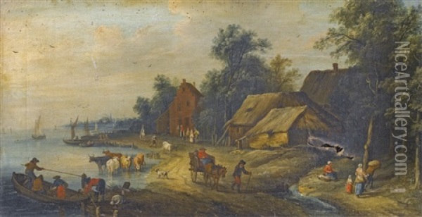 River Landscape With Villagers On The Bank Oil Painting - Theobald Michau