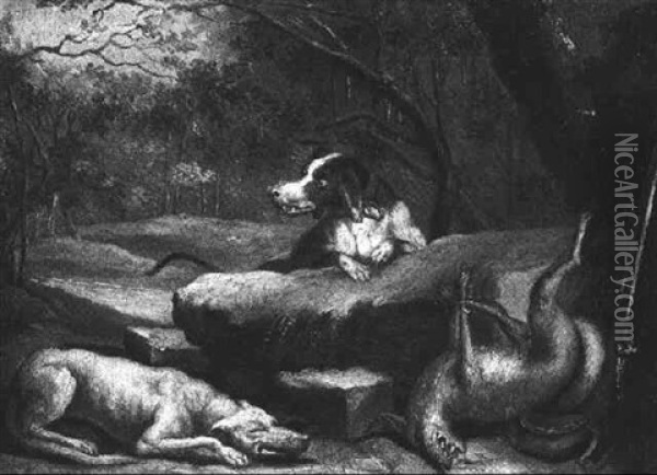 Zwei Hunde Bewachen Einen Erlegten Fuchs Oil Painting - Johann Elias Ridinger