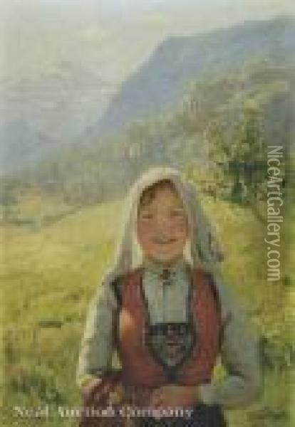 Young Girl In Festiveregional Costume, In A Meadow With Farm And Mountains Behind Oil Painting - Hans Dahl