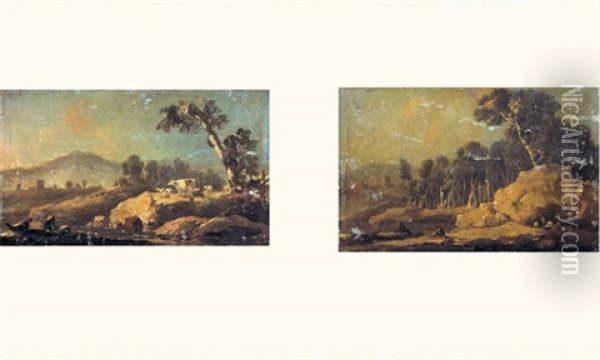 Paysans Se Promenant Dans La Campagne Portugaise (+ Another, Similar; Pair) Oil Painting - Jean Baptiste Pillement