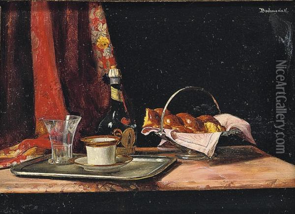 Bread In A Silver Basket, A Wine Bottle And A Glass And Tea Cup On A Silver Tray, On A Table Oil Painting - Karoly, Karl Bachmann