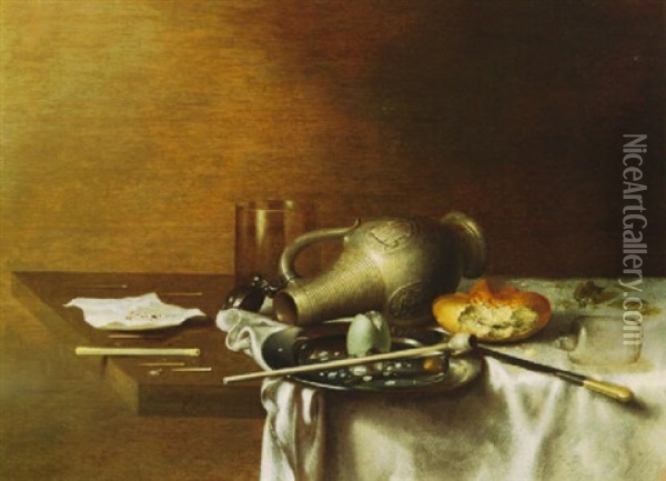 Still Life Of An Overturned Stoneware Jug, Roll, Plate With Pipe And Egg Shell, Broken Glass And Other Objects Oil Painting - Jan (Johannes) Fris