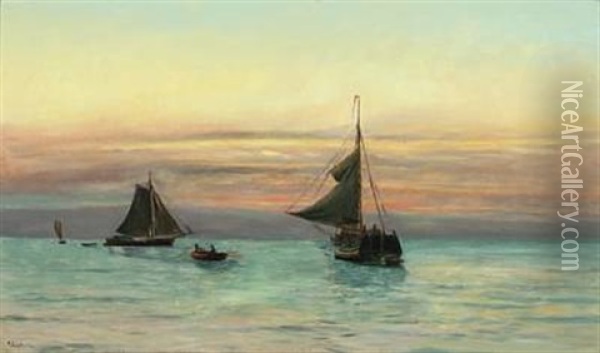 Seascape With Sailing Ships In The Sunset Oil Painting - Holger Luebbers
