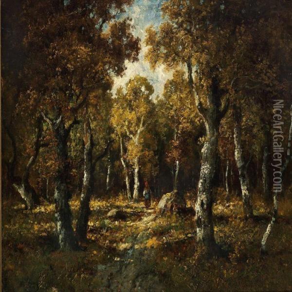 French Woodland Scene With A Woman On A Path Oil Painting - Narcisse-Virgile D Az De La Pena