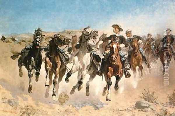 Dismounted, The Fourth Trooper Moving the Led Horses Oil Painting - Frederic Remington
