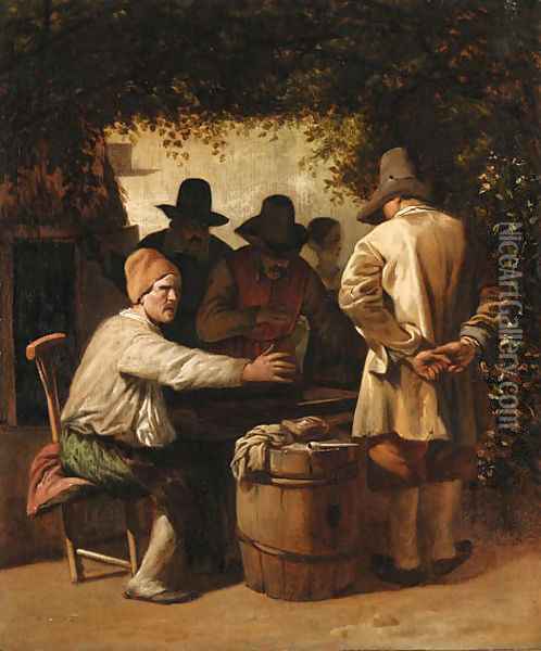 Peasants playing backgammon beneath the arbour of a tavern Oil Painting - Job Adriaensz. Berckheyde