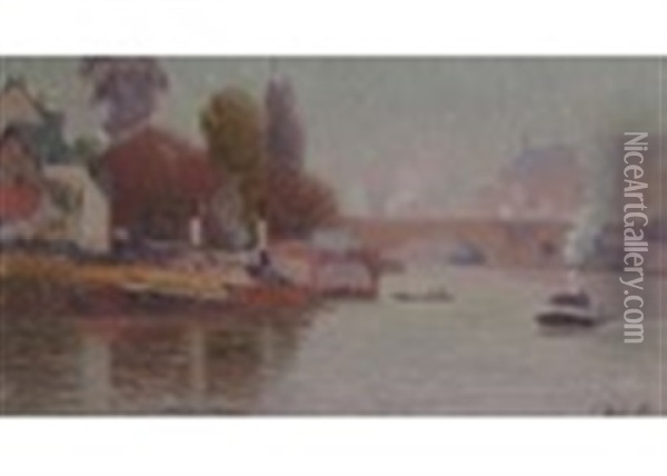 River Scene With Steam Boats By A Bridge Oil Painting - Joseph Marie Louis Delattre