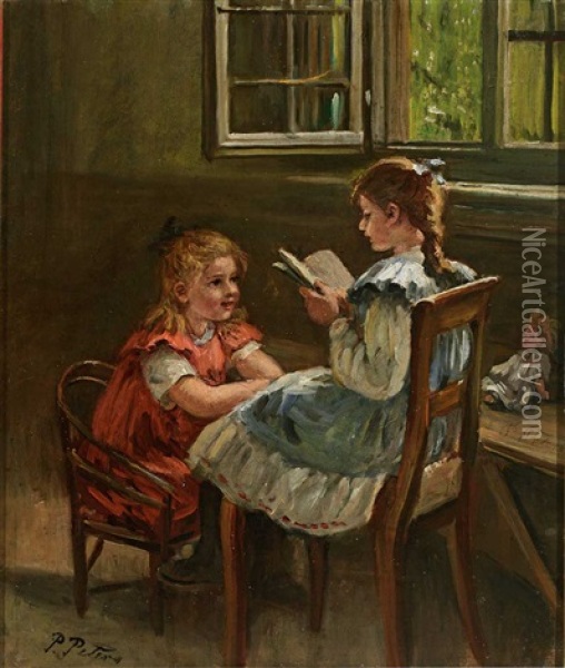Zwei Kleine Madchen In Der Stube Beim Vorlesen; Reizendes Genre Oil Painting - Pietronella Peters