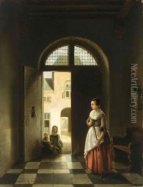 Playing Children In A Doorway Oil Painting - Johannes Anthonie Balthasar Stroebel