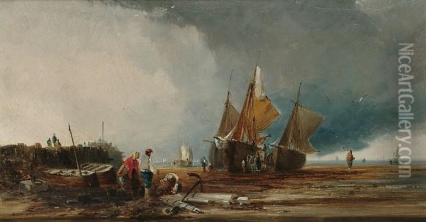 Fishing Vessels At Low Tide Oil Painting - Edmund John Niemann, Snr.