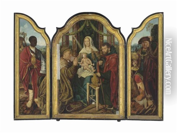 A Triptych: Central Panel: The Holy Family With Frederick Iii, Holy Roman Emperor As Melchior Offering Gold To The Christ Child; Left Wing: Balthasar Offering Myrrh; Right Wing: Maximilian I, Holy Roman Emperor, As Caspar Offering Incense; Outer Panels: T Oil Painting -  Master of Frankfurt