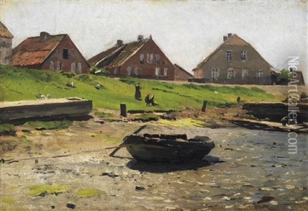Sommertag Vor Einem Dorf An Der Estnischen Kuste. Am Ufer Aufliegende Ruderboote Oil Painting - Eugen Gustav Duecker