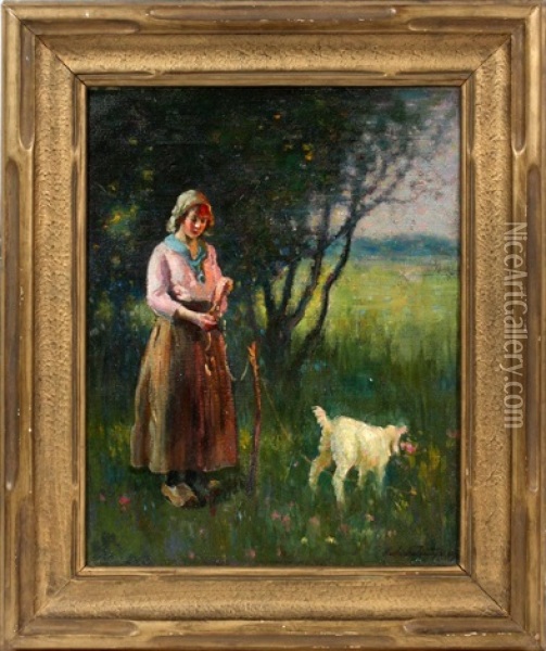 Girl With Goat Oil Painting - Charles E. Waltensperger