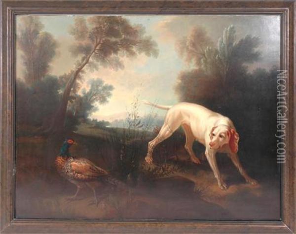 Blanch Bitch Of The Royal Hunt With Pheasant, In A Landscape Oil Painting - Jean-Baptiste Oudry