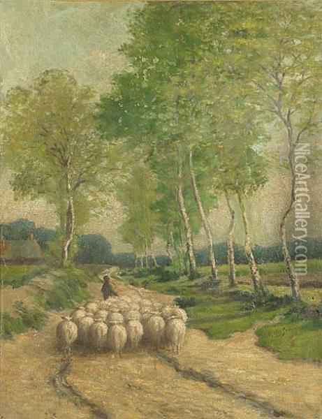 Herder En Schapen In Dreef Oil Painting - Adriaan Jozef Heymans