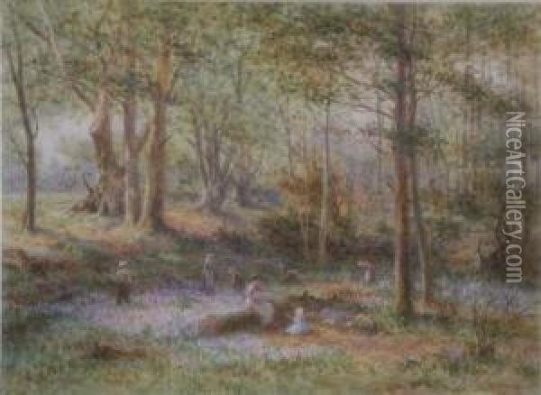 Children Picking Bluebells Initialled 10.25 X 14.5in Oil Painting - James Georges Bingley