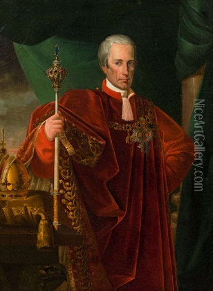 Emperor Francis Ii. (i.) Of Austria Wearing The Ceremonial Robes Of The Order Of The Golden Fleece Oil Painting - Leopold Kupelwieser