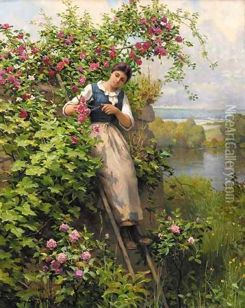 Cutting the Roses Oil Painting - Daniel Ridgway Knight