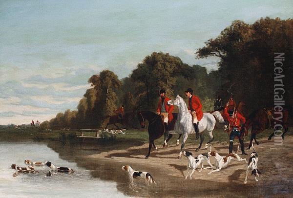 A Stag Hunt With Hounds Crossing Thewater Oil Painting - Alfred De Dreux