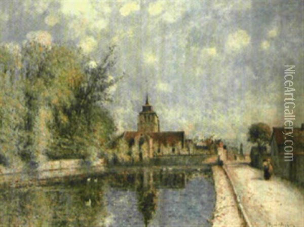 A Village Church By A Canal Oil Painting - Leon Duval-Gozlan